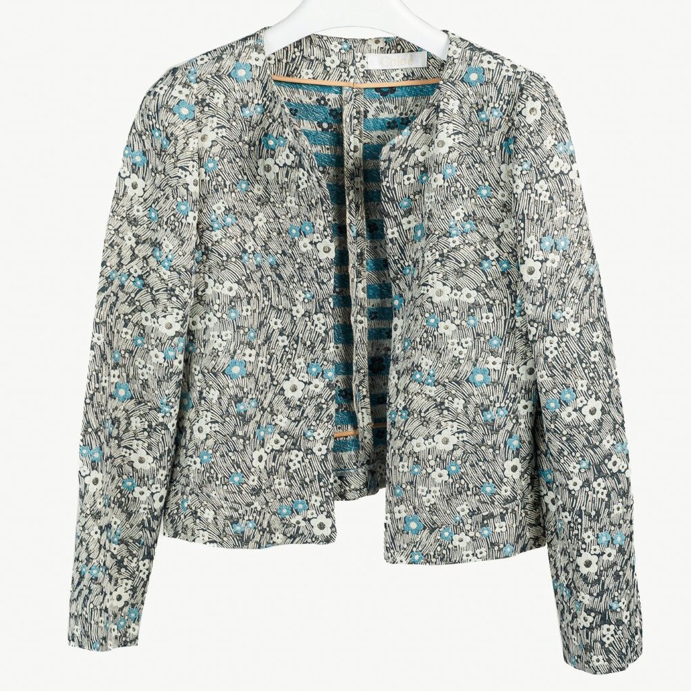 Chloe Blue and Gold Floral Brocade Boxy Cropped Jacket